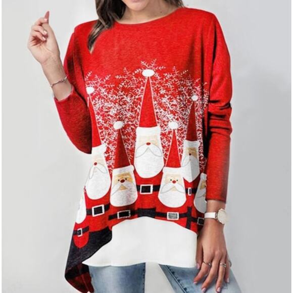 Women's Long Sleeve Layered Christmas Santa Clause Gnome Tunic Top T-Shirt Red - Picture 1 of 9